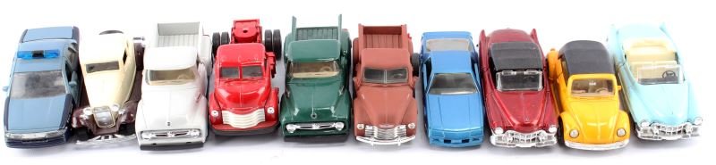 GROUP OF 10 VINTAGE DIE CAST MODEL CARS TRUCKS: 10 vintage toy model cars and trucks. Includes: Yatming Ford Coupe 8501, yellow bug, 1956 Ford F100, blue Camaro 1507 (France), American Classics 8802, light blue convertible 8802, 1950 Chevy cab, mat