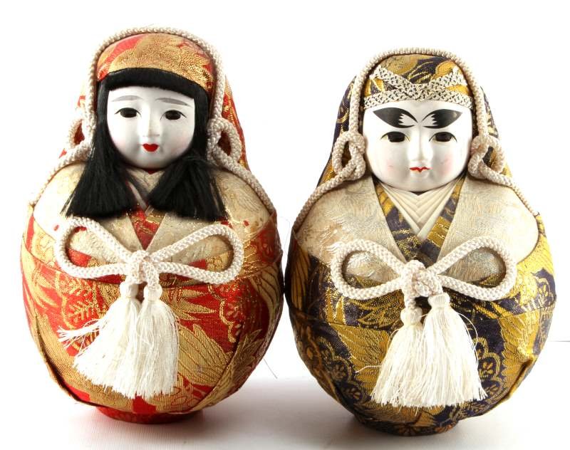 HAND PAINTED PAIR JAPANESE ROLY POLY PLASTER DOLLS: Features hand-painted face with silk and other fabrics. Stand 9 inches tall and 6 inches wide. Very good condition with few surface marks.