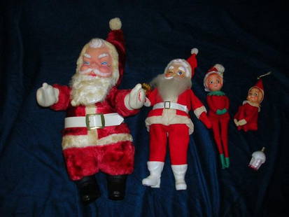 ANTIQUE SANTA CHRISTMAS ELVES STUFFED TOY LOT 2: ANTIQUE SANTA CHRISTMAS ELVES STUFFED TOY LOT 2 RUBBER FACED 40'S-50'S SANTAS BOTH COMPLETE & ORIGINAL LARGER ONE HAS A LITTLE PLAYWEAR, 2 MADE IN JAPAN RUBBER HEAD ELVES & 1 OLD LIGHT PART OF AN