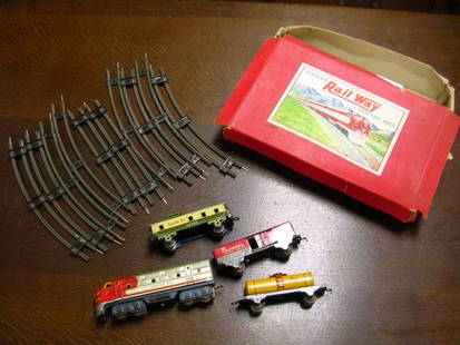 SAKAI STANDARD RAIL WAY ELECTRIC TRAIN BOXED 50s: SAKAI STANDARD RAIL WAY ELECTRIC TRAIN BOXED 50s SAKAI CIRCA 1950 BATTERY OPERATED 4 CAR AND TRACK TRAIN SET IN VIRTUALLY MINT CONDITION W BOX, BOX HAS SPLITS ON TOP, TAG ON SIDE OF BOX STATES 4 CAR
