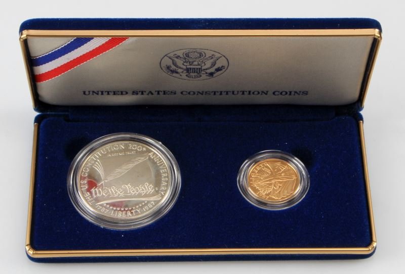 1987 CONSTITUTION SILVER DOLLAR & GOLD $5.00 SET: Proof two coin set as issued by the U.S. Mint silver dollar and 1/4 OZT gold coin.