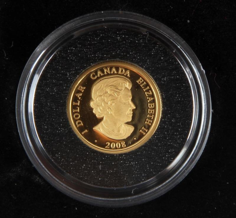 2008 $1 CANADA 1/20 OZ PROOF GOLD LOUIS COIN: .999 pure gold Louis d'or aux deux L, comes encapsulated and presented in a Royal Canadian Mint maroon flock-lined clamshell case lined with a black flock.