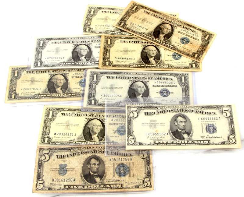 2 FIVE DOLLAR SILVER CERTIFICATES & 7 ONE DOLLAR: Two five dollar silver certificates: 1934 A and 1953 A. Seven one dollar silver certificates: four 1957 and three 1935.