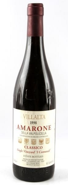 1998 VILLATLTA AMARONE DELLA VALPOLICELLA CLASSICO: 1998 Villalta Amarone della Valpolicella Classico. Red wine. Estate bottled. Label and seal still present. Neck ullage. Cherry red color. Tight sealed cork. 750 ML.