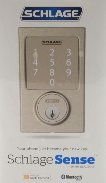 SCHLAGE SMART BLUETOOTH DEADBOLT APPLE HOMEKIT: A brand new in box Schlage Bluetooth deadbolt kit. Compatible with Apple HomeKit for remote locking of doors. Satin nickel finish with touch screen password interface.