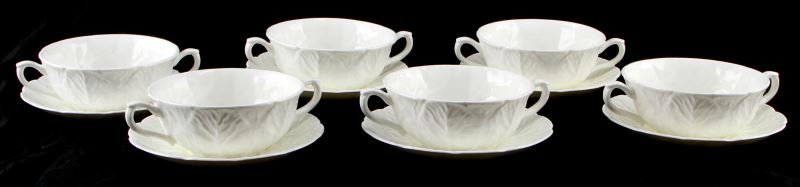 VINTAGE COALPORT COUNTRYWARE HANDLED SOUP/SAUCER: In very good condition, vintage Coalport bone china, Countryware pattern, includes lot of six handled soup bowls, 4 7/8 inch diameter, with matching saucers, 6 1/8 inches in diameter.