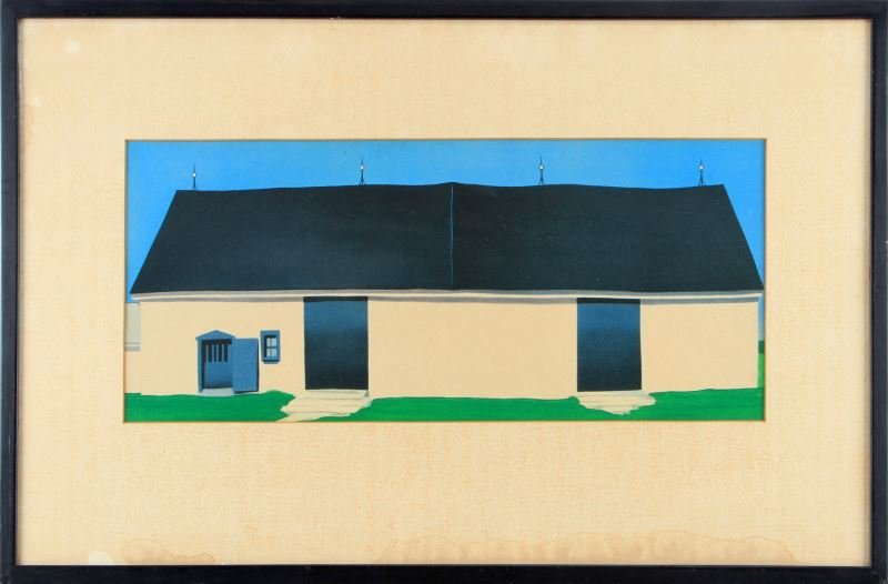 GEORGIA O KEEFFE WHITE BARN II VINTAGE LITHOGRAPH: Framed vintage Georgia O'Keeffe lithograph titled "White Canadian Barn II". The original work was painted in 1932 and was one of seven barns she had painted. The frame and matting have wear and water 