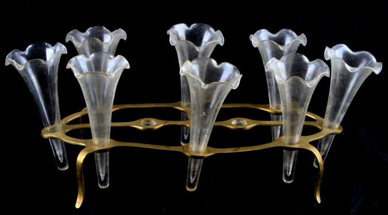 DUPONT ESTATE CLEAR GLASS EPERGNE 5" TALL: Antique epergne from the duPont estates in Florida. This center piece includes 8 clear glass flower horns held within a brass tray. No apparent maker's mark. Very good condition. Measures 5 inches tal