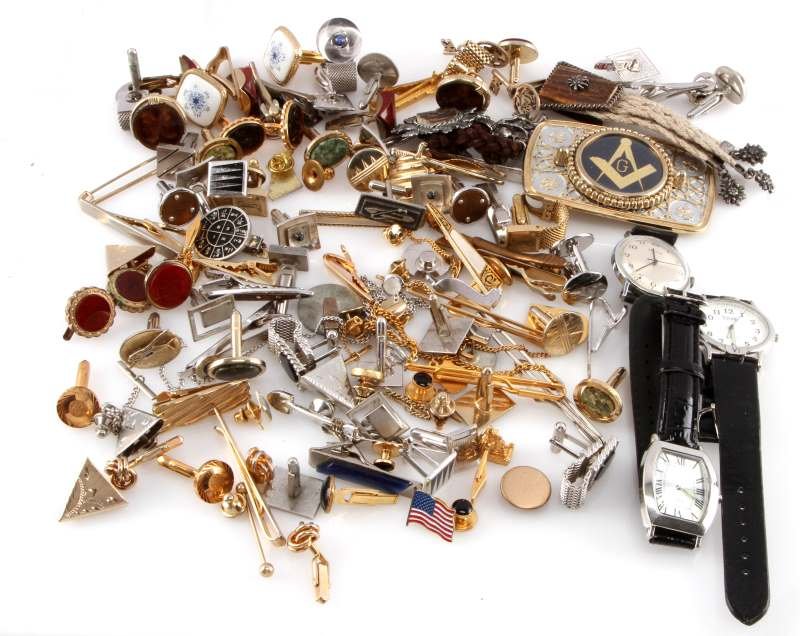 BAG FULL OF MENS CUFF LINKS TIE TACS & MORE: Some are unmatched, watches, Masonic belt buckle and much more.