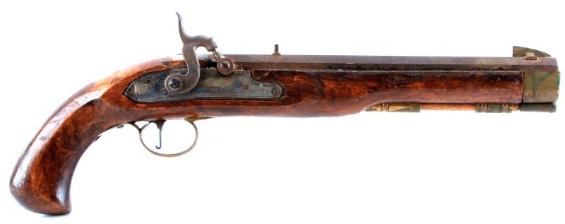 ANTIQUE PERCUSSION JUKAR PISTOL .45 BLK POWDER: Antique Percussion pistol made in Spain, .45 black powder caliber. Wood stock and engraved side plate, octagon barrel, brass fittings. Rust and wear. Overall fair condition.
