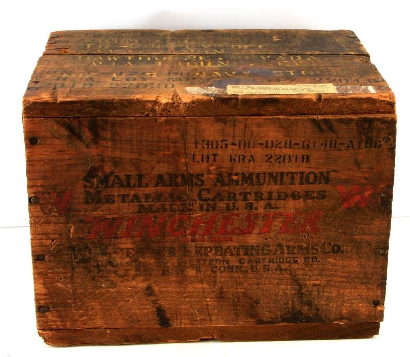 RARE WWII WINCHESTER WOOD M-1 AMMO BOX: Still retains red Winchester logo on front and back, 2000 carbine Caliber .30 M-1 Dummy Rounds on sides. Measures 11 x 8 x 8.5.