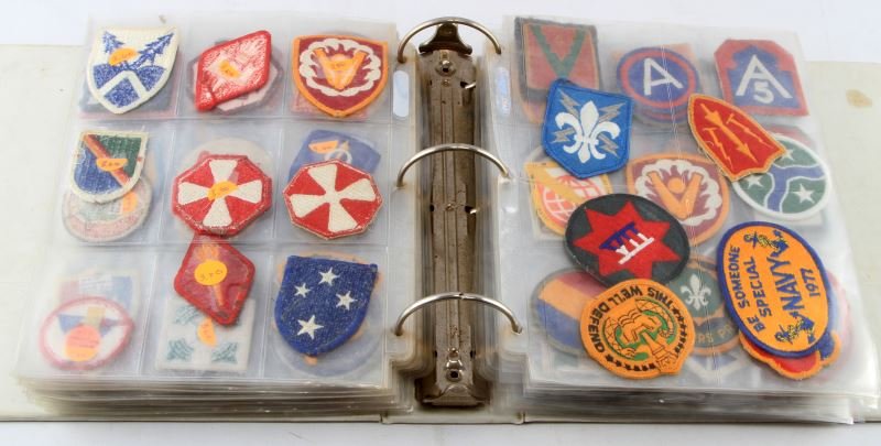 DEALER BINDER W 100'S OF WWII TO VIETNAM PATCHES: Great selection with most identified U.S. Army, U.S. Air Force, U.s. Navy and Marines, Division, Corp, Armor, partial list includes 82nd Airborne, multiples including Vietnam Beret flashes, 9th Divisi