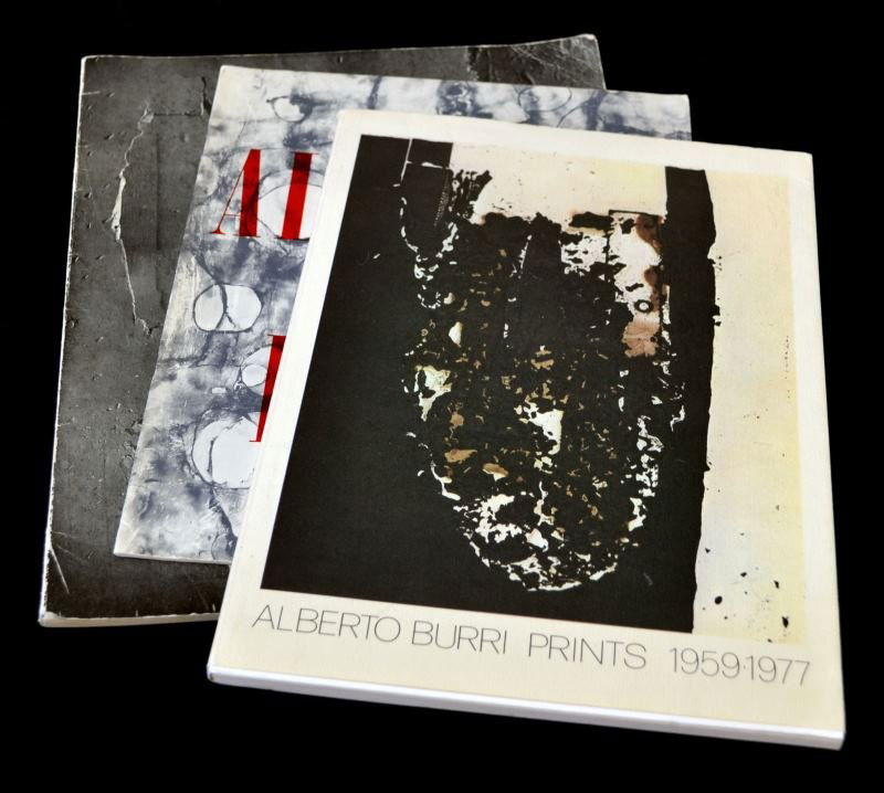 THREE ALBERTO BURRI PRINT BOOKS FROM GALLERY: Three Alberto Burri books: Burri (Galerie De France), Alberto Burri Prints 1959-1977 (1977), Alberto Burri (October 16 to December 1, 1963. The Museum of Fine Arts in Houston Texas). Overall, books ar