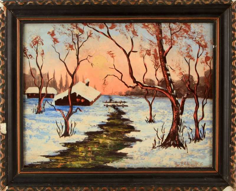FOLLOWER OF IVAN CHOUTLSE WINTER LANDSCAPE: Oil on panel painting by a follower of Russian artist Ivan Fedorovich Choultse. Choultse was known for his winter landscapes, but was also a court painted for Czar Nicholas II. The work appears to be 