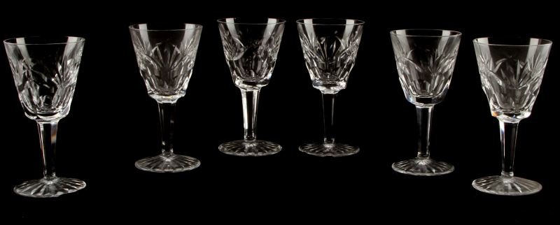 SIGNED WATERFORD ASHLING CUT GOBLET SET OF 6: A set of six Ashling cut Waterford goblets. Etched on foot with Waterford logo. All are in excellent condition. Includes Styrofoam storage case.