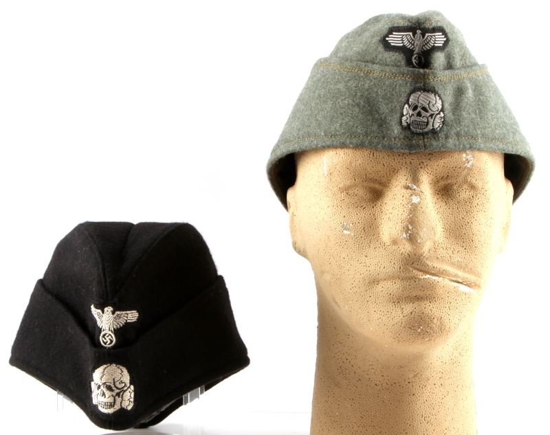 2 GERMAN WWII OVERSEAS CAPS WAFFEN SS + PANZER: Includes Waffen SS and Panzer Waffen SS overseas caps. Overall in very good condition. Unauthenticated as is. This lot has a reserve.