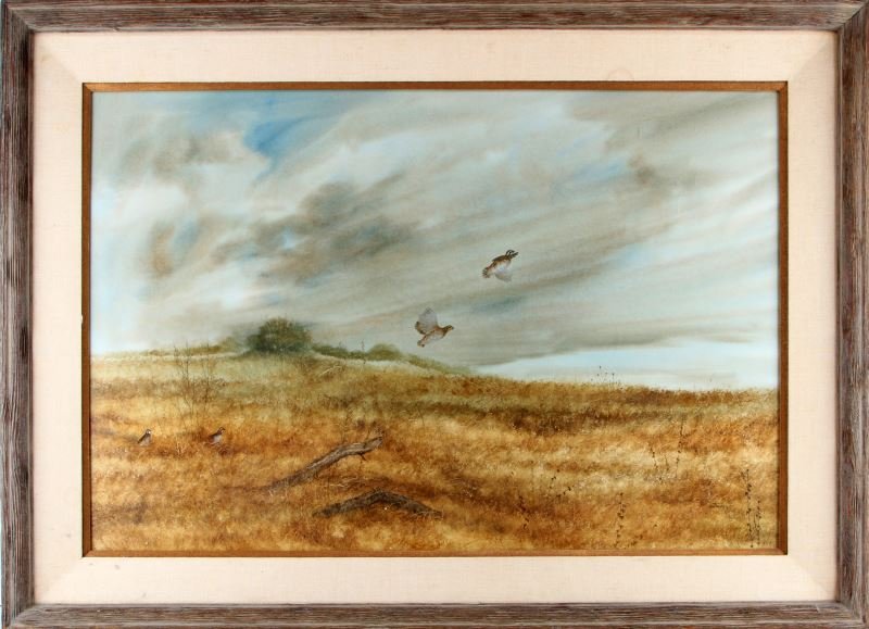RAUL GUTIERREZ SIGNED WATERCOLOR BOBWHITE QUAILS: Original Raul Gutierrez (b.1935) watercolor painting depicting a Texas landscape with Bobwhite Quails. The artist carefully details the grass and feathers on the bird with a true mastery of this mediu