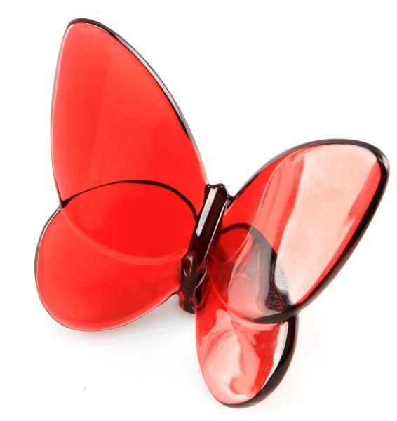 BACCARAT CRYSTAL RED "LUCKY BUTTERFLY" 2.5: Baccarat crystal "Lucky Butterfly" in red. Measures 2.5 inches tall by 3 inches wide. Very good condition; no chips or cracks. The base is etched "Baccarat" and stamped with logo.