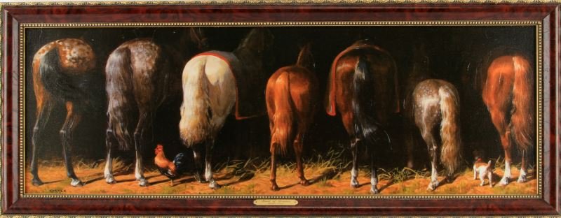 JENNESS CORTEZ (AMERICAN, B.1945) HORSE PRINT: Printed canvas titled "Board of Directors" measuring 36.5 by 12 inces. Frame measures39.5 by 15 inches. In very good condition.