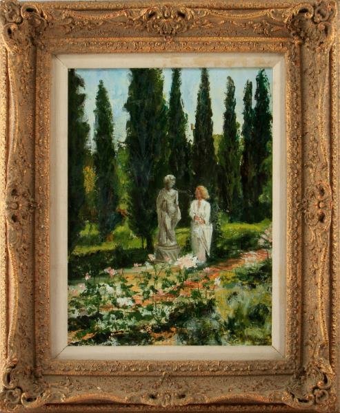 MARY N ANDERSON IN THE ROSE GARDEN 20TH C: 20th century oil on canvas painting by Mary N Anderson (1922-2007). This impressionist style work titled "In the Rose Garden" depicts a woman by a statue in a garden. Thomasville, GA artist. The paint