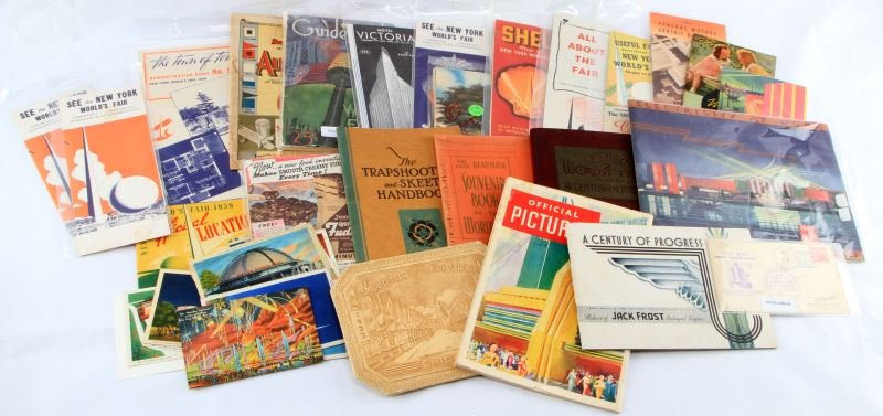 LOT OF MIXED 1934 & 1939 WORLD'S FAIR EPHEMERA: Grouping of 1934 & 1939 World's Fair mixed ephemera including; 1939 NY World's Fair Location finder, various print ads, company exhibition brochures including Wonderbread, General Motors, Jack Frost a