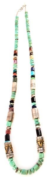 VINTAGE TOMMY SINGER NAVAJO MULTI STONE NECKLACE: Turquoise, silver, amethyst, obsidian , coral, to name a few, vintage measures 29.5 inches.