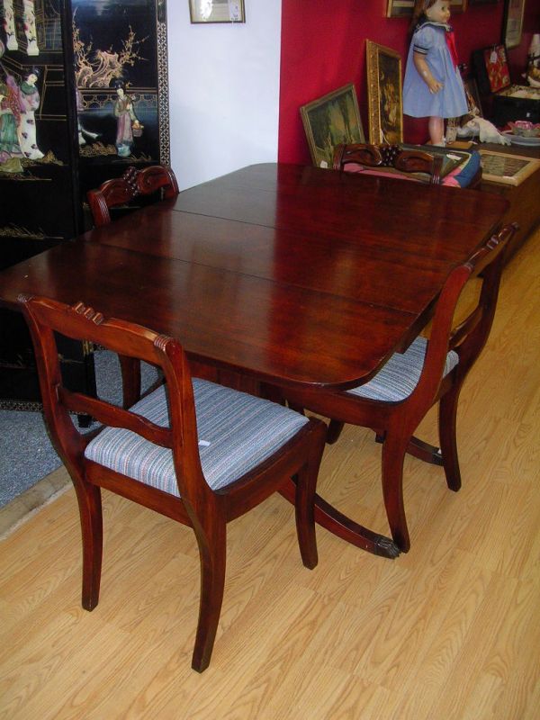 ANTIQUE CHERRY CRADDOCK FURN. CO. DUNCAN PHYFE TA: ANTIQUE CHERRY CRADDOCK FURN. CO. DUNCAN PHYFE TABLE & CHAIRS CHERRY DUNCAN PHYFE DROP LEAF TABLE AND CONCEALED FOLDED LEAF UNDER TABLE DOUBLE PEDESTAL CLAW FEET W 4 CHAIRS BLUE STRIP UPHOLSTERY 30"H