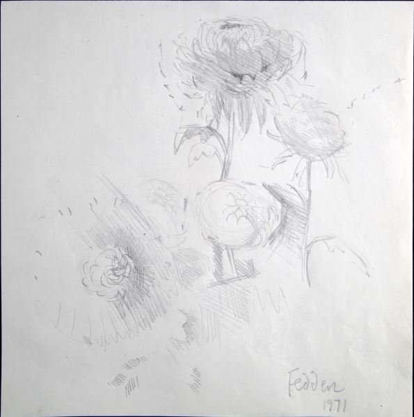 MARY FEDDEN FLOWER PENCIL SKETCH 1971: Floral study, pencil on thin paper. Signed "Feden 1971". Measures approximately 8.75 by 8.75 inches. No damage present. Unauthenticated, sold as is.