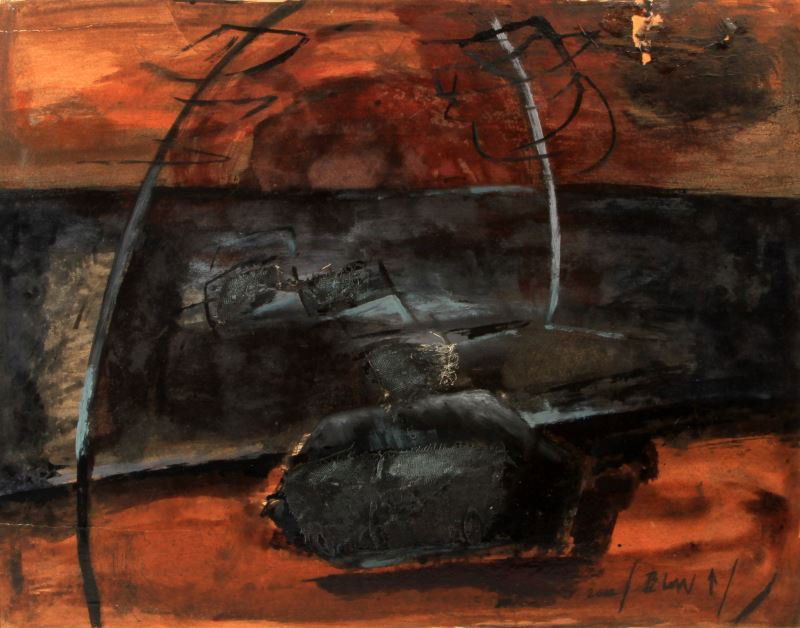 SANDRA BLOW (BRITISH, 1925-2006) MIXED MEDIA: Mixed media (paint and cloth) on artist's board by Sandra Blow. Signed and dated on lower right. Measures 19.25 by 15.5 inches. Some warping to board and one repaired tear to upper right. Unauthentica