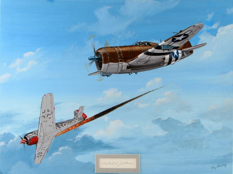 SIGNED JOHNSON'S THUNDERBOLT RAY WADDEY PAINTING: Ray Waddey painting of WWII ace Robert Johnson's P-47B Thunderbolt downing one of his 27 kills--an FW-190. Signed by Johnson. Acrylic on canvas. Measures 18x24 inches. Overall very good condition.