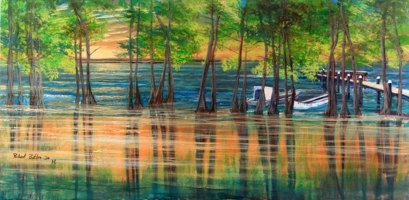 ROBERT BUTLER JR HIGHWAYMEN LEGACY PAINTING: Titled "Tupelo on the Apalachee". Signed and dated on lower left. Acryllic on canvas. Measures 36 by 18 inches. In very good condition.Robert Butler Jr is the son of Robert Butler, an original artist