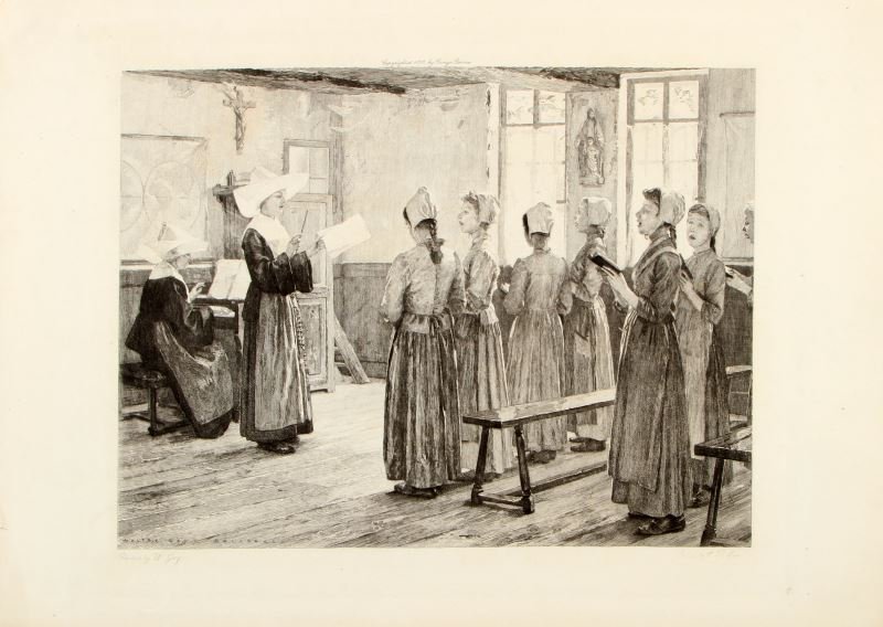 "THE SINGING LESSON" ETCHING AFTER WALTER GAY: Antique 1890's etching by Charles Alphonse Deblois after Walter Gay's "The Singing Lesson". The bottom left corner has an embossed seal from the Chicago World Expo. Very good condition; no foxing. Mea