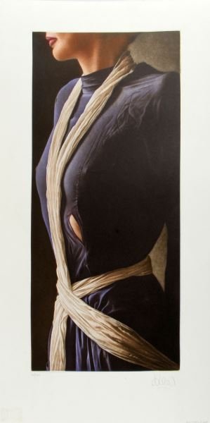 WILLI KISSMER (1951) BLAU WEISS 12 PENCIL SIGNED: Pencil signed Willi Kissmer (b.1951) etching print titled "Blau Weiss 12". The work depicts a female torso in a blue dress. Signed on the lower right, numbered 30/250 on the left. Measures 29 inches t