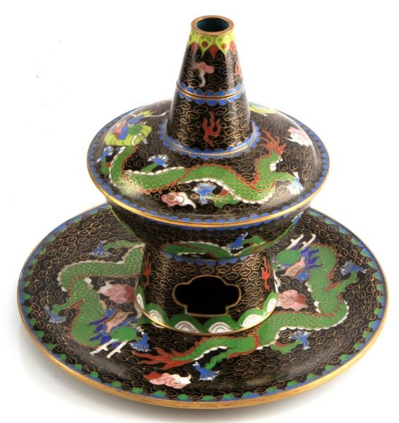 CHINESE CLOISONNE 4 PIECE INCENSE BURNER: Chinese cloisonne incense or oil burner, 4 piece set. Black background with dragons throughout. Very good condition; no dents or missing enamel. 7 inches tall overall. No signature or maker's mark.