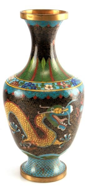 9.5" TALL CHINESE CLOISONNE VASE DRAGON: 9.5" tall vintage Chinese cloisonne vase. Black background with 5-clawed dragons along the body. There are two dents in the body, one dent has corrosion 6 inch diameter. No signature or maker's mark.