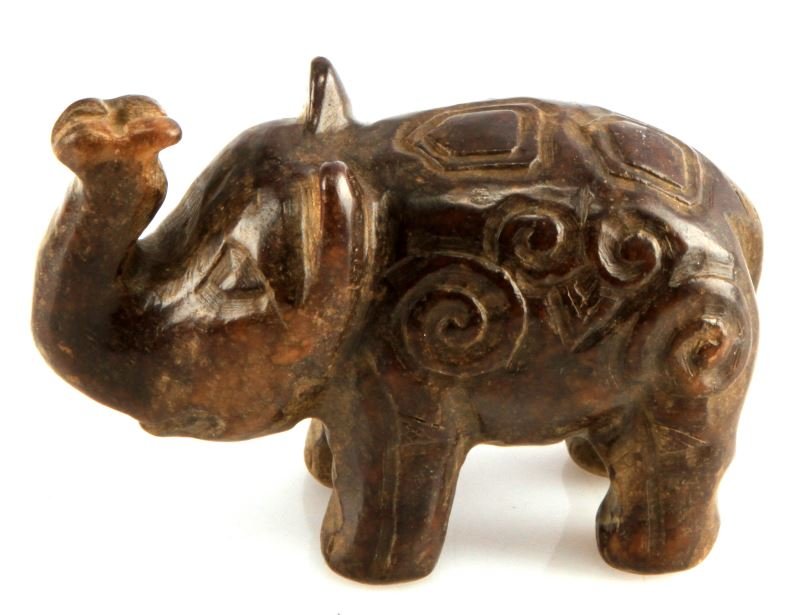 CHINESE CARVED BROWN SOAPSTONE ELEPHANT FIGURE: Measures just under 2 inches tall and 3 inches long. In very good condition.