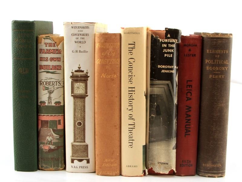 LOT OF 8 VINTAGE NONFICTION FICTION BOOKS HISTORY: Lot of 8 vintage hardcover books, some with dust jakcets. Lot includes: Elements of Political Economy by Perry, Leica Manual by Morgan and Lester, Furniture of the Olden Time by Frances Clary Morse, A