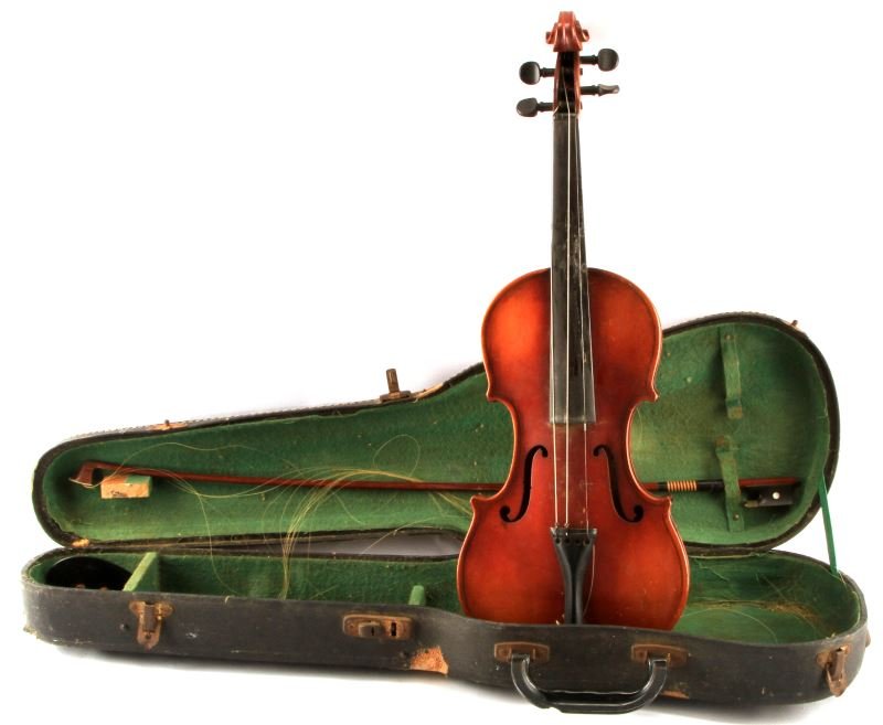 VINTAGE VIOLIN WITH CASE AND BOW STRAD COPY: Nice wall hanger; Strad copy, spruce top and maple back and sides, book matched back (cracked), needs strings and bridge, friction tuning keys, bow needs re-haired, case in marginal condition.