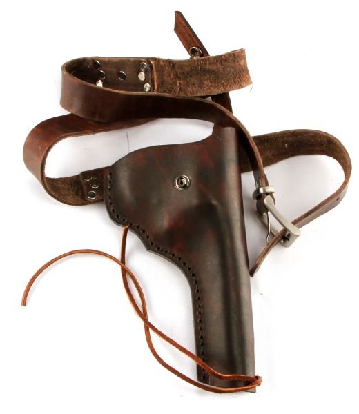 LEATHER REVOLVER HOLSTER RIG: Vintage leather holster rig that fits large Colt .45 revolver, including Army Model 1917. Metal rivets. Overall very good condition.