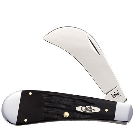 CASE HAWKBILL BUFFALO HORN PATTERN BUNTING KNIFE: One Case cutlery buffalo horn handle steel blade pocket knife. Item weighs 3.4 ounces and measures 4 1/8 inches closed. Handmade in United States, item No. 65021.