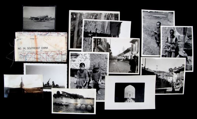 WWII SE ASIA SILK ESCAPE MAP NAMED W PHOTOS: World War II South East Asia pilot lot. This collection includes a silk escape map belonging to WG Addington from the 308th bomb group, and 12 period photographs. The photographs depict WWII planes an