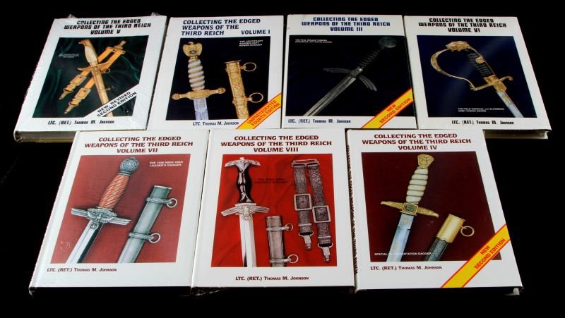 COLLECTING EDGED WEAPONS 3RD REICH BOOKS V.1, 3-8: Collecting the Edged Weapons of the Third Reich, volumes I & III-VIII by LTC (Ret.) Thomas M. Johnson. Volume II out of print, not included. Each volume is sealed in plastic wrap; new. This lot has a 