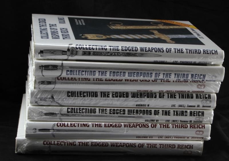 COLLECTING THE EDGED WEAPONS OF THE THIRD REICH: Collecting the Edged Weapons of the Third Reich, volumes I & III-VIII by LTC (Ret.) Thomas M. Johnson. Volume II out of print. Each volume is sealed in plastic wrap; new. This lot has a reserve.