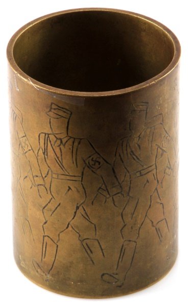 GERMAN WWII MARCHING SA TRENCH ART CUP 5.5" TALL: WWII trench art, made from a heavy brass cup. The cup is engraved with a group of faceless marching SA soldiers. The cup measures 5.5 inches tall. Some scratches, but overall very good condition. This