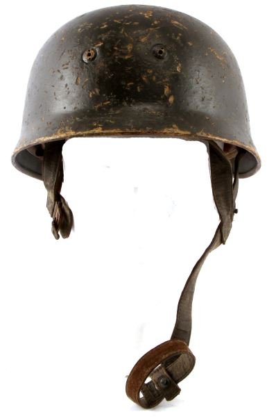 M38 LUFTWAFFE PARATROOPER HELMET SINGLE INSIGNIA: German World War II Luftwaffe Paratrooper Fallschimjager single decal helmet with liner and chin strap. Painted exterior with Luftwaffe eagle decal on the left side. The spanner type bolts. The inside