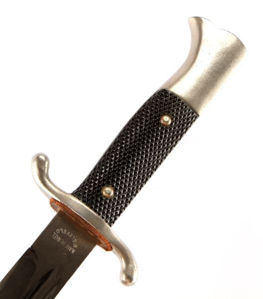 SHORT FIRE SERVICE DRESS WALKING OUT BAYONET: Mauser K-98 blade, superbly plated blade with scabbard and frog. Maker marked Karl Henkel Bielefeld. This lot has a reserve.