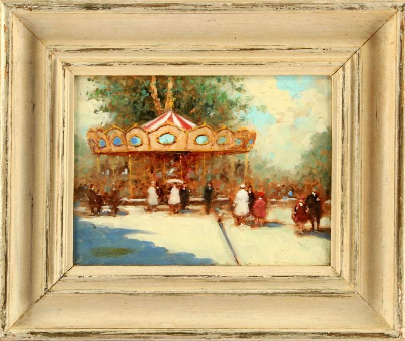 ANDRE GISSON (1921-2003) CAROUSEL PAINTING 12 X 9: Small original Andre Gisson (1921-2003) oil on canvas painting. The work depicts a carousel, a frequently painted theme by Gisson. The work measures 12 by 9 inches, the frame measures 15 by 18 inches.
