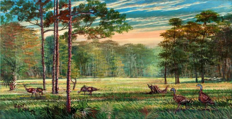 TURKEY SAVANNA SIGNED ROBERT BUTLER JR PAINTING: Signed Robert Butler Junior painting depicting turkeys grazing in a Florida palmetto savanna. Butler Jr. is the son of famous Highwaymen painter Robert Butler. This is one of the first paintings Butle
