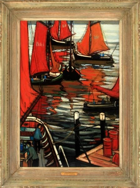 JESUS CASAUS ORIGINAL OIL ON CANVAS VELAS ROJAS: Jesus Casaus (Spanish, 1926-2002) oil on canvas. Titled "Velas Rojas" (Red Sails). Depicts sailboats at sea, dock in foreground, with few people. Vibrant colors and horizontal brush strokes. Signed to