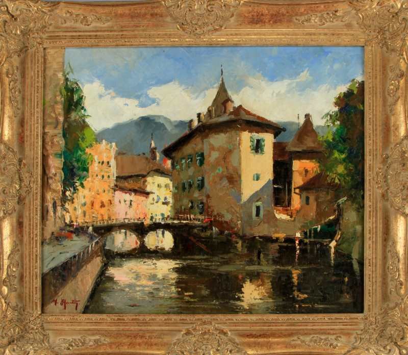 OIL ON CANVAS BY MARCEL MARTIN INNER CITY RIVER: Marcel Martin (French) original oil on canvas. This piece depicts an inner city river scene with colors of brown, blue, green, grey, white, and beige. Good texture and signed to LL. In gesso wooden fr